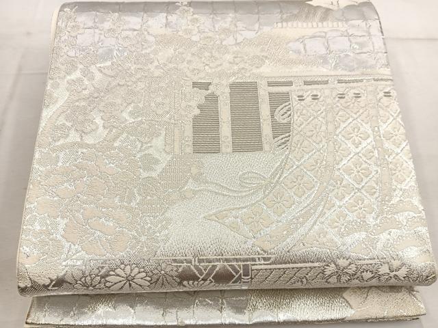 平和屋着物◎六通柄袋帯 風景牡丹花文 銀糸 正絹 逸品 BAAW6056mz