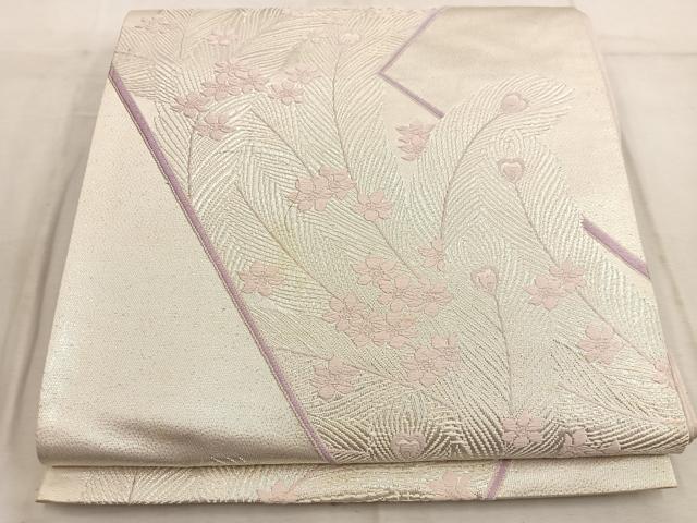 平和屋着物◎六通柄袋帯　唐織　孔雀羽花文　銀糸　正絹　逸品　BAAW6064mz