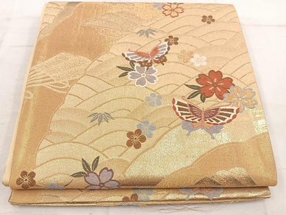 平和屋着物◎六通柄袋帯 唐織 九百浪漫錦 舞蝶檜扇花文 金糸 正絹 逸品 BAAW6067mz