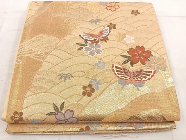 平和屋着物◎六通柄袋帯 唐織 九百浪漫錦 舞蝶檜扇花文 金糸 正絹 逸品 BAAW6067mz