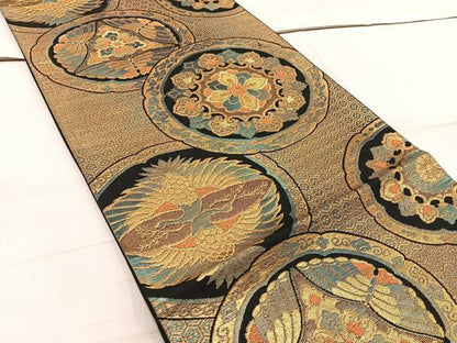 平和屋着物◎六通柄袋帯 双鶴花文 黒地 金糸 正絹 逸品 BAAW6073mz