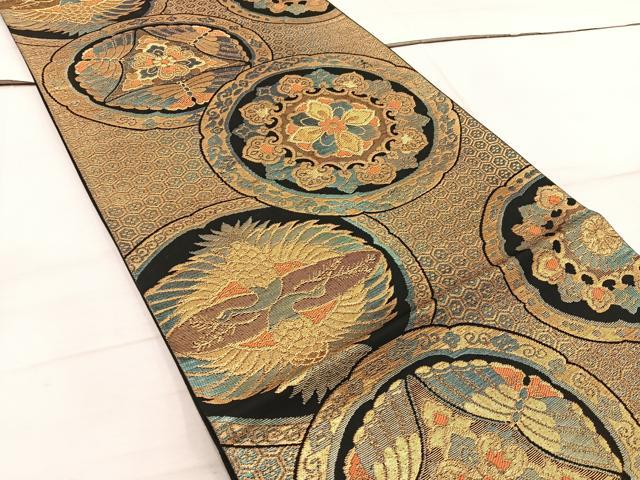 平和屋着物◎六通柄袋帯 双鶴花文 黒地 金糸 正絹 逸品 BAAW6073mz