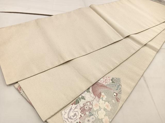 平和屋着物◎太鼓柄袋帯　綴れ　地紙孔雀花文　銀彩　正絹　逸品　BAAW6076mz