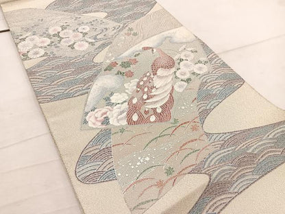 平和屋着物◎太鼓柄袋帯　綴れ　地紙孔雀花文　銀彩　正絹　逸品　BAAW6076mz