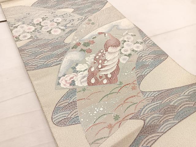 平和屋着物◎太鼓柄袋帯　綴れ　地紙孔雀花文　銀彩　正絹　逸品　BAAW6076mz