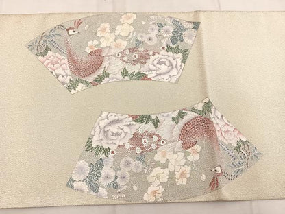 平和屋着物◎太鼓柄袋帯　綴れ　地紙孔雀花文　銀彩　正絹　逸品　BAAW6076mz