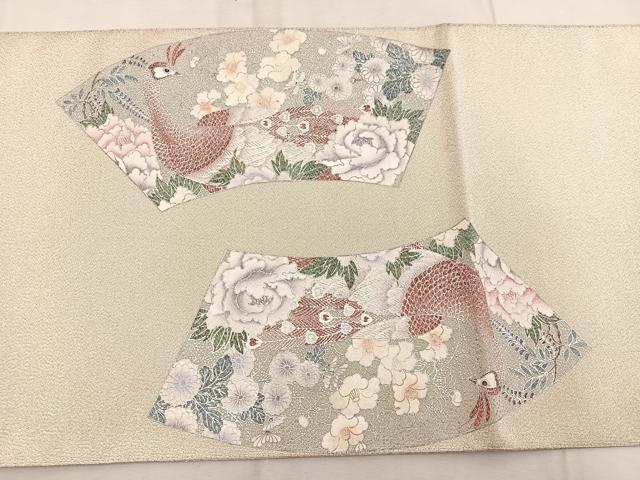 平和屋着物◎太鼓柄袋帯　綴れ　地紙孔雀花文　銀彩　正絹　逸品　BAAW6076mz