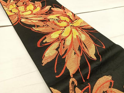 平和屋着物◎六通柄袋帯　草花文　黒地　金糸　正絹　逸品　BAAW6080mz