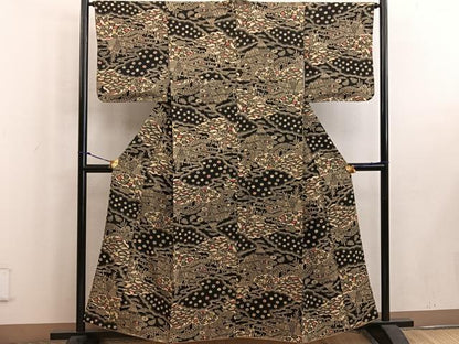 平和屋着物■上質な小紋 型染め 御所解花文 黒地 正絹 逸品 BAAW6221mz