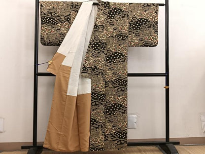 平和屋着物■上質な小紋 型染め 御所解花文 黒地 正絹 逸品 BAAW6221mz