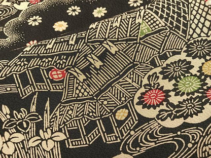 平和屋着物■上質な小紋 型染め 御所解花文 黒地 正絹 逸品 BAAW6221mz