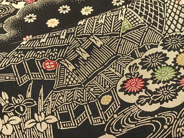 平和屋着物■上質な小紋 型染め 御所解花文 黒地 正絹 逸品 BAAW6221mz