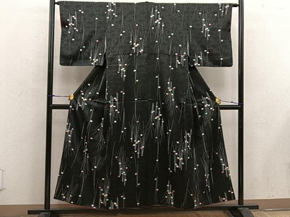 平和屋着物■上質な小紋 草葉文 黒地 正絹 逸品 BAAW6263mz