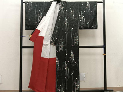 平和屋着物■上質な小紋 草葉文 黒地 正絹 逸品 BAAW6263mz