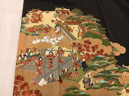 平和屋着物■豪華黒留袖　駒刺繍　人物花文　金彩　正絹　逸品　BAAW6417mz