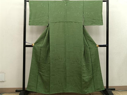平和屋着物■上質な色無地　風景地紋　老竹色　正絹　逸品　BAAW6514mz