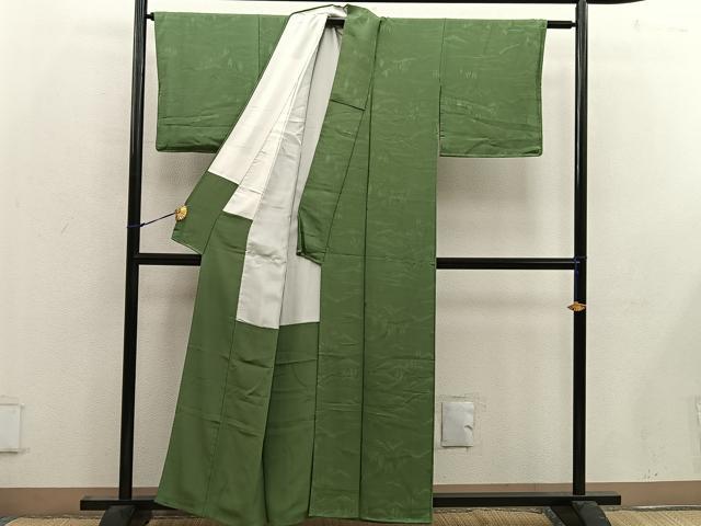 平和屋着物■上質な色無地　風景地紋　老竹色　正絹　逸品　BAAW6514mz