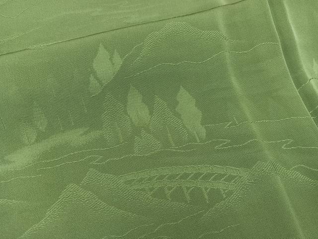 平和屋着物■上質な色無地　風景地紋　老竹色　正絹　逸品　BAAW6514mz