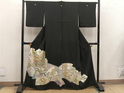 平和屋着物■豪華黒留袖　友禅　風景花文　正絹　逸品　BAAW6560mz