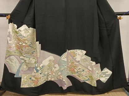 平和屋着物■豪華黒留袖　友禅　風景花文　正絹　逸品　BAAW6560mz