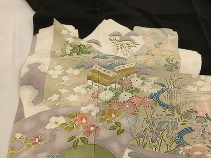 平和屋着物■豪華黒留袖　友禅　風景花文　正絹　逸品　BAAW6560mz