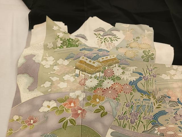 平和屋着物■豪華黒留袖　友禅　風景花文　正絹　逸品　BAAW6560mz