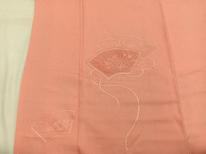 平和屋着物■無地絵羽訪問着　総刺繍　スワトウ刺繍　地紙重ね花文　珊瑚朱色　正絹　逸品　BAAW6579mz