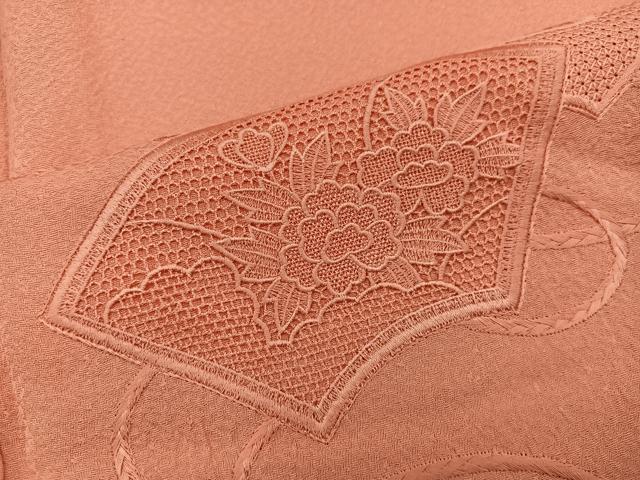 平和屋着物■無地絵羽訪問着　総刺繍　スワトウ刺繍　地紙重ね花文　珊瑚朱色　正絹　逸品　BAAW6579mz