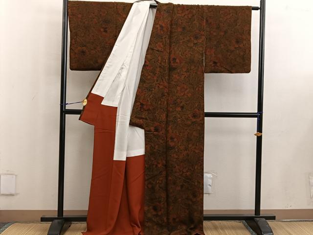 平和屋着物■上質な小紋　更紗花文　鬼しぼ縮緬　正絹　逸品　BAAW6586mz