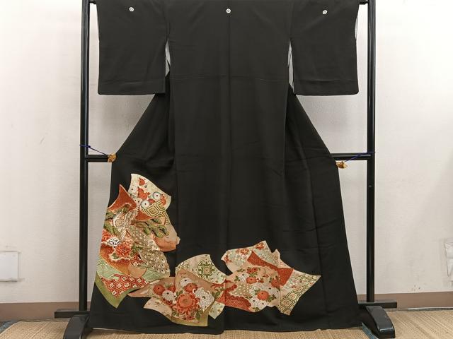 平和屋着物■豪華黒留袖　駒刺繍　孔雀花文　金彩　正絹　逸品　BAAW6647mz