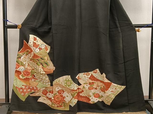 平和屋着物■豪華黒留袖　駒刺繍　孔雀花文　金彩　正絹　逸品　BAAW6647mz