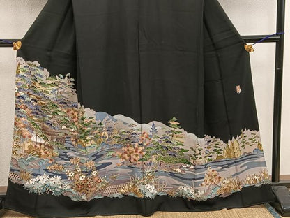 平和屋着物■豪華黒留袖 友禅 作家物 風景花文 正絹 逸品 BAAW6655mz