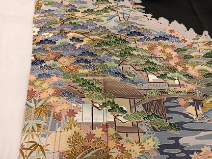 平和屋着物■豪華黒留袖 友禅 作家物 風景花文 正絹 逸品 BAAW6655mz