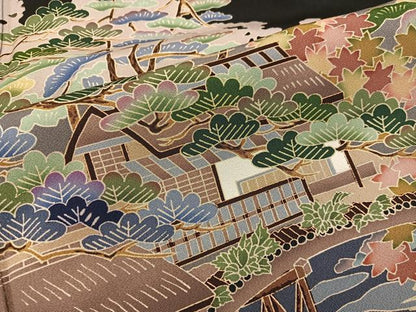 平和屋着物■豪華黒留袖 友禅 作家物 風景花文 正絹 逸品 BAAW6655mz