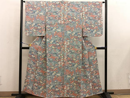 平和屋着物■上質な小紋　檜扇花文　鬼しぼ縮緬　正絹　逸品　BAAW6711mz