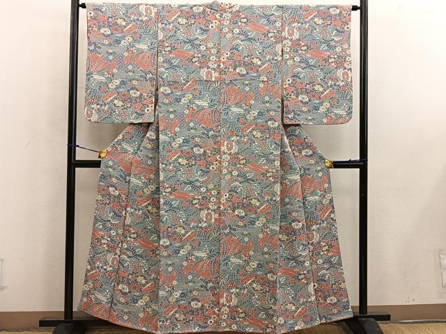 平和屋着物■上質な小紋　檜扇花文　鬼しぼ縮緬　正絹　逸品　BAAW6711mz