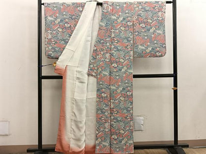 平和屋着物■上質な小紋　檜扇花文　鬼しぼ縮緬　正絹　逸品　BAAW6711mz