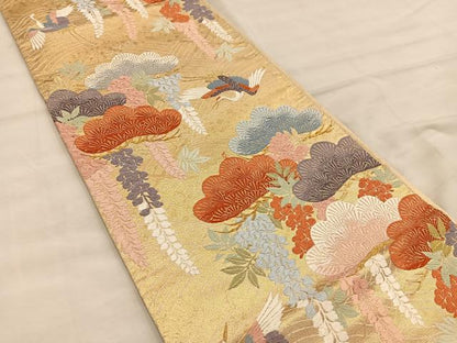 平和屋着物●六通柄袋帯　唐織　瑠璃綴　飛鶴松文　金糸　正絹　逸品　BAAW6734mz