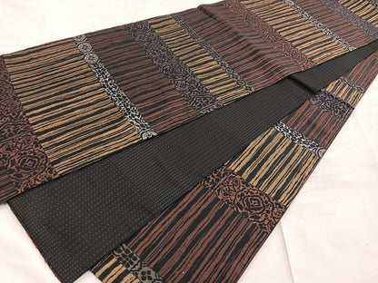 平和屋着物●全通柄袋帯　ふくれ織　横段花文　黒地　正絹　逸品　BAAW6736mz