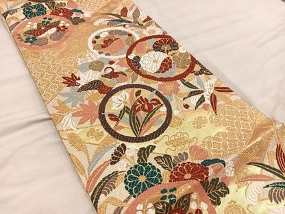 平和屋着物●佐賀錦　六通柄袋帯　唐織　七宝花鳥文　金糸　正絹　逸品　BAAW6737mz