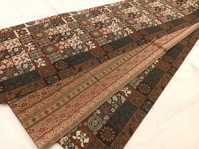 平和屋着物●両面　全通柄袋帯　花鳥丸文　正絹　逸品　BAAW6741mz