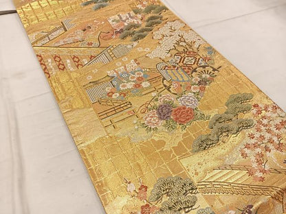 平和屋着物▼六通柄袋帯　唐織　御所車花文　金糸　正絹　逸品　BAAW6742mz