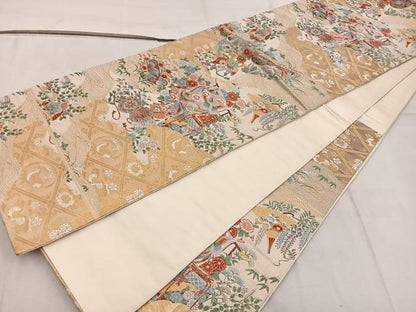 平和屋着物▼六通柄袋帯　唐織　桃山誰が袖文　金糸　正絹　逸品　BAAW6753mz