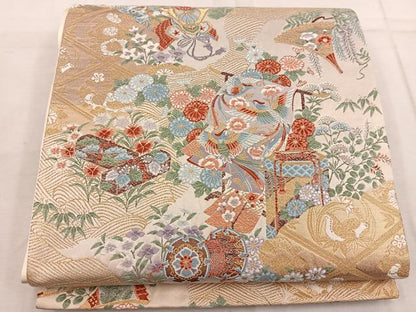 平和屋着物▼六通柄袋帯　唐織　桃山誰が袖文　金糸　正絹　逸品　BAAW6753mz