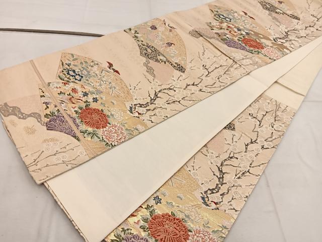 平和屋着物▼六通柄袋帯　唐織　地紙重ね花鳥文　金糸　正絹　逸品　BAAW6773mz