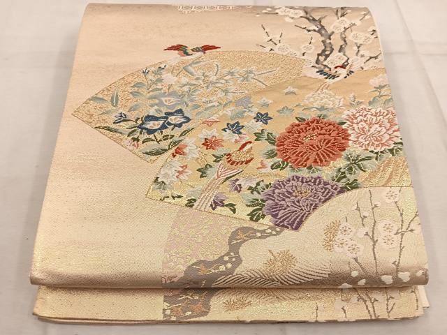 平和屋着物▼六通柄袋帯　唐織　地紙重ね花鳥文　金糸　正絹　逸品　BAAW6773mz