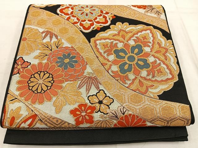 平和屋着物◎六通柄 本袋 京袋帯 菊花文 黒地 金糸 BAAW6776mz