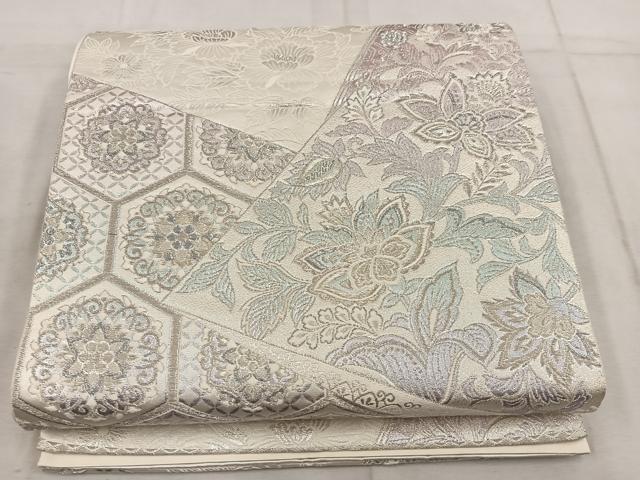 平和屋着物◎六通柄袋帯 唐織 煌めきのオパール 更紗花文 銀糸 正絹 逸品 BAAW6781mz