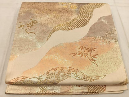 平和屋着物◎六通柄袋帯 流水花文 金糸 正絹 逸品 BAAW6783mz