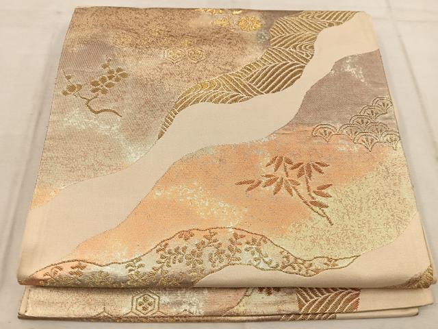 平和屋着物◎六通柄袋帯 流水花文 金糸 正絹 逸品 BAAW6783mz